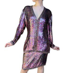 Vintage Liza Carr Multicolor Sequin Skirt & Jacket Set V-Neck Long Sleeve Sz 12